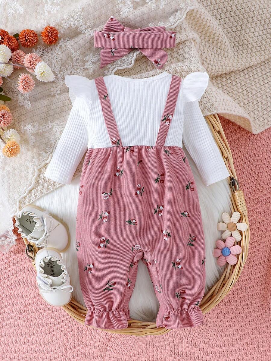 Ditsy bloemenjumpsuit voor babymeisjes met strikdecor en hoofdband, lente herfst