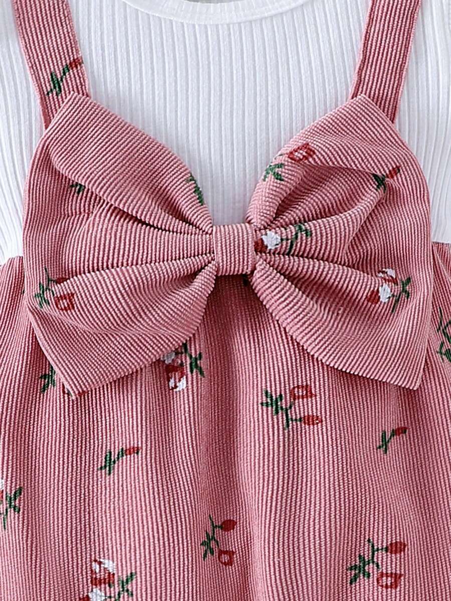 Ditsy bloemenjumpsuit voor babymeisjes met strikdecor en hoofdband, lente herfst