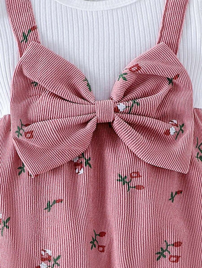 Ditsy bloemenjumpsuit voor babymeisjes met strikdecor en hoofdband, lente herfst