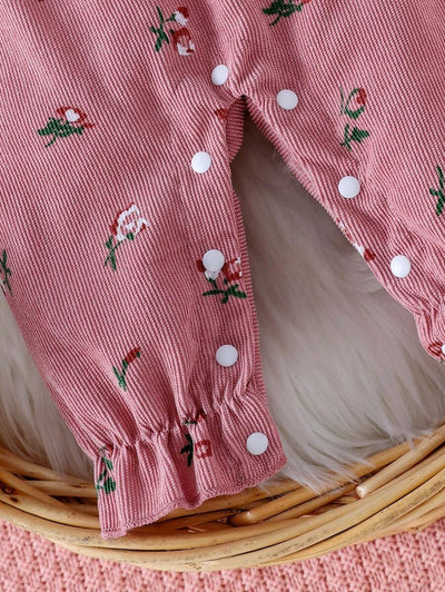 Ditsy bloemenjumpsuit voor babymeisjes met strikdecor en hoofdband, lente herfst