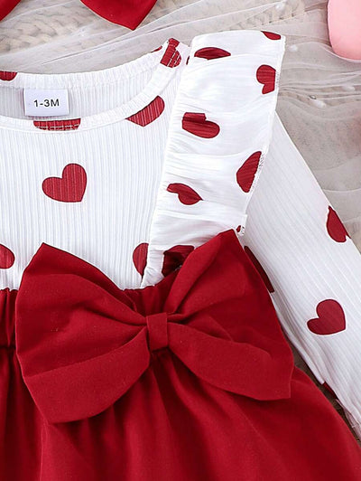 Jurk voor babymeisjes met hartjesprint, rok met strikversiering, bodysuit met hoofdband