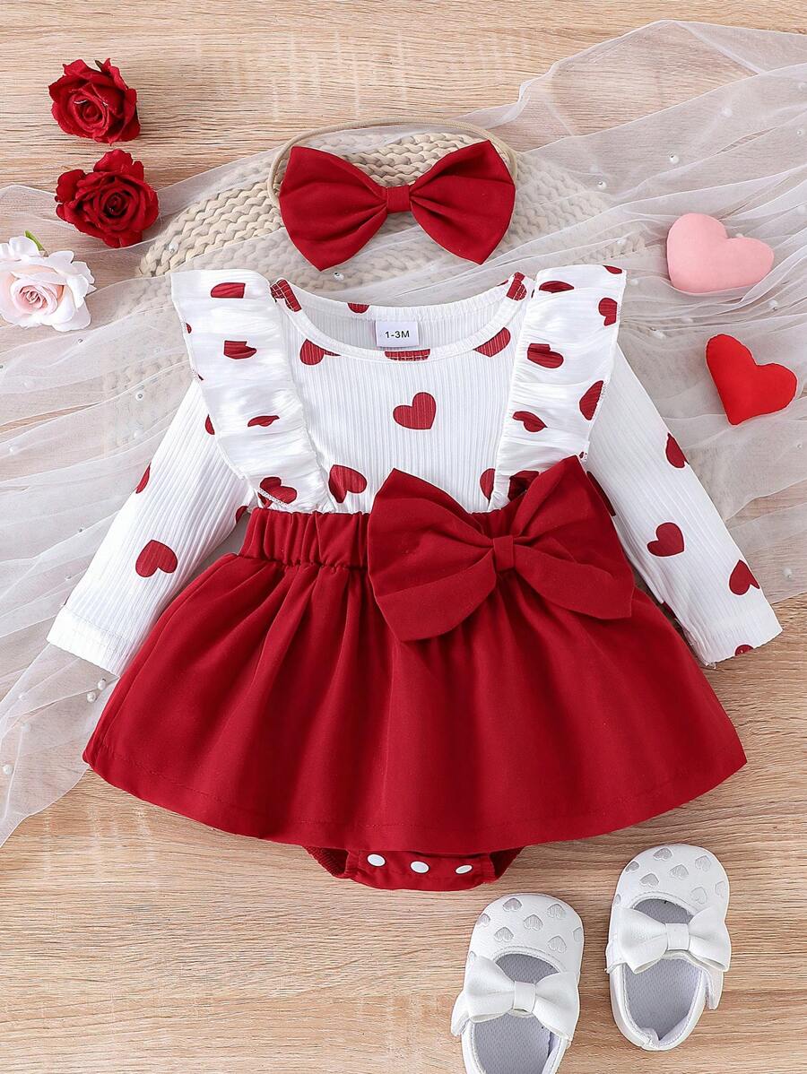 Jurk voor babymeisjes met hartjesprint, rok met strikversiering, bodysuit met hoofdband