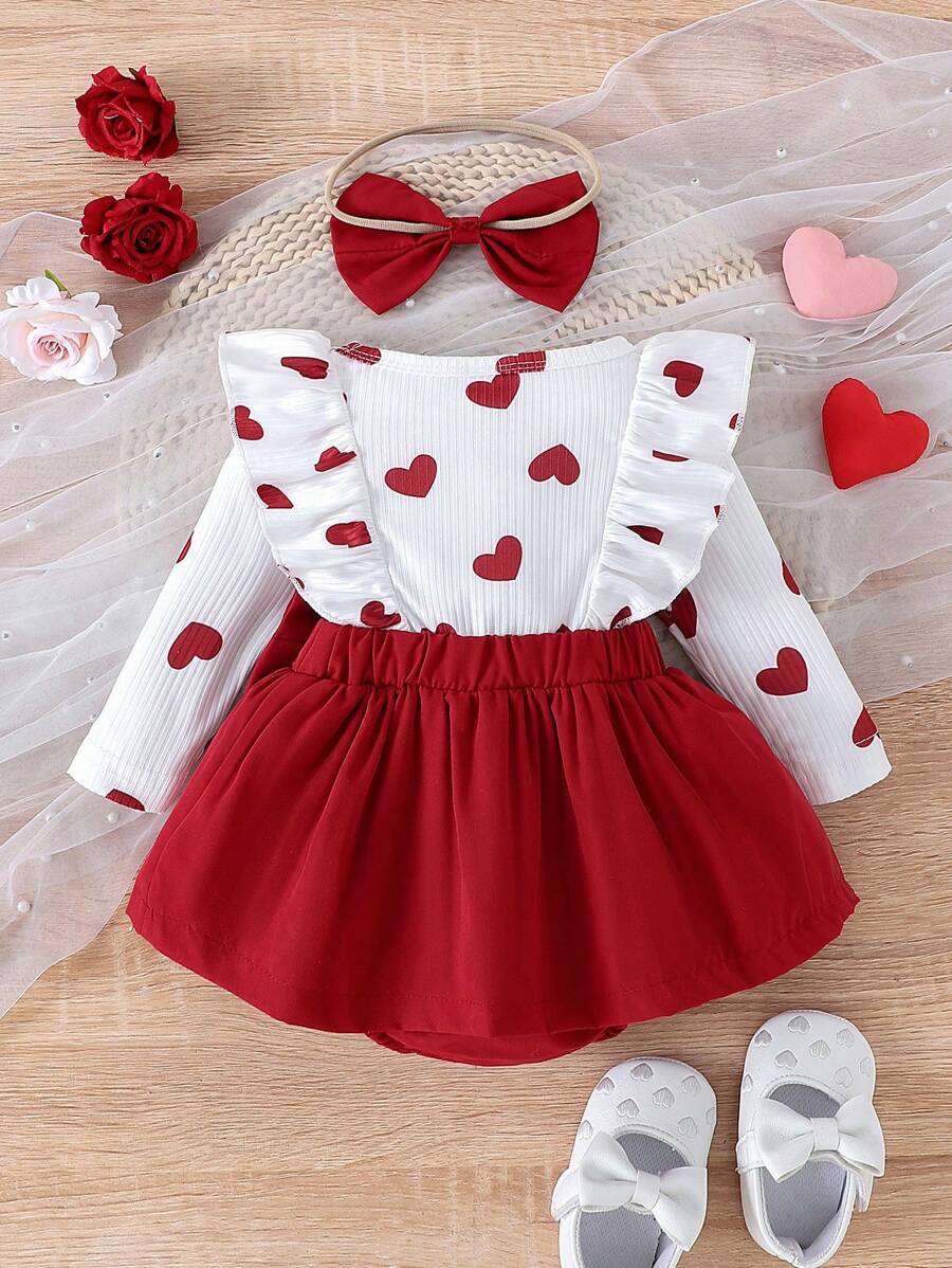 Jurk voor babymeisjes met hartjesprint, rok met strikversiering, bodysuit met hoofdband