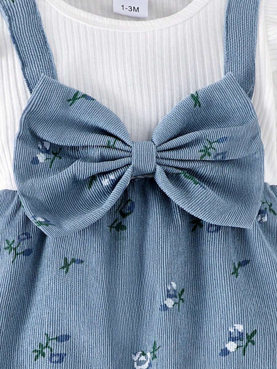 Ditsy bloemenjumpsuit voor babymeisjes met strikdecor en hoofdband, lente herfst