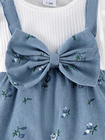 Ditsy bloemenjumpsuit voor babymeisjes met strikdecor en hoofdband, lente herfst