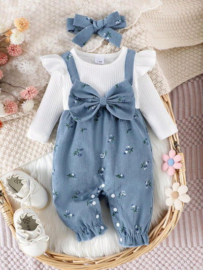 Ditsy bloemenjumpsuit voor babymeisjes met strikdecor en hoofdband, lente herfst