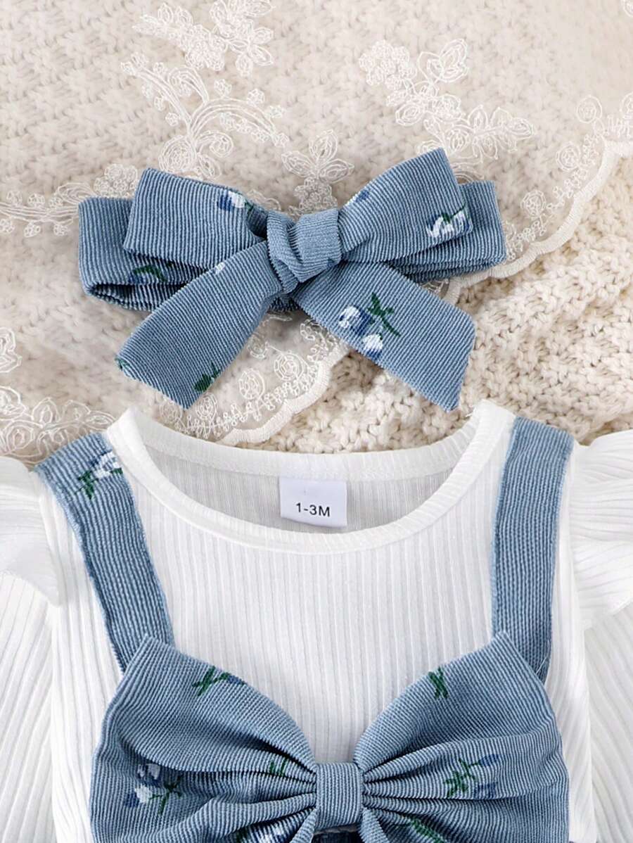 Ditsy bloemenjumpsuit voor babymeisjes met strikdecor en hoofdband, lente herfst