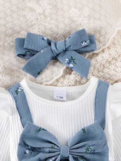 Ditsy bloemenjumpsuit voor babymeisjes met strikdecor en hoofdband, lente herfst