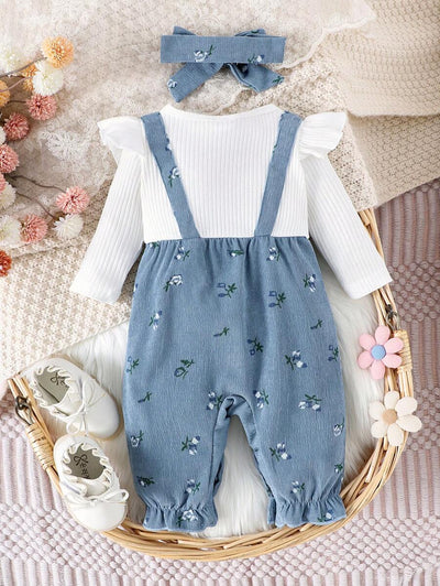 Ditsy bloemenjumpsuit voor babymeisjes met strikdecor en hoofdband, lente herfst