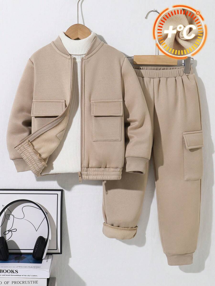 SHEIN 2 stuks jonge jongens casual sport streep zak lange mouw honkbalkraag rits jas en effen kleur trekkoord broek gebreide 2 stuks outfit, geschikt voor school, tuin, strand, verjaardag, lente, zomer, herfst, winter