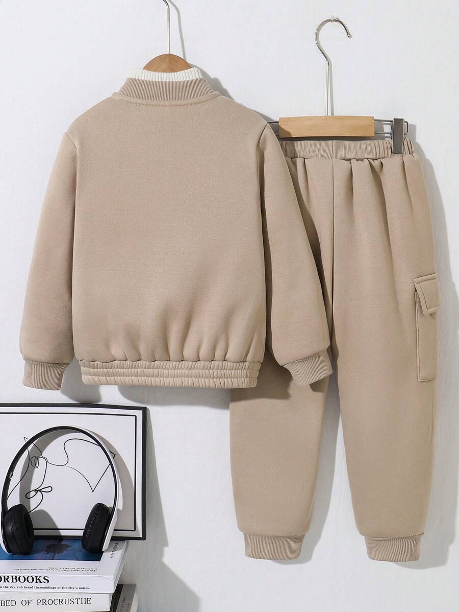 SHEIN 2 stuks jonge jongens casual sport streep zak lange mouw honkbalkraag rits jas en effen kleur trekkoord broek gebreide 2 stuks outfit, geschikt voor school, tuin, strand, verjaardag, lente, zomer, herfst, winter