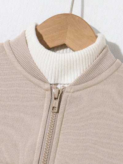 SHEIN 2 stuks jonge jongens casual sport streep zak lange mouw honkbalkraag rits jas en effen kleur trekkoord broek gebreide 2 stuks outfit, geschikt voor school, tuin, strand, verjaardag, lente, zomer, herfst, winter