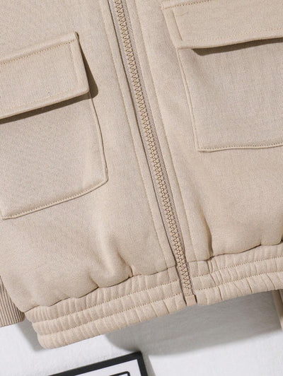 SHEIN 2 stuks jonge jongens casual sport streep zak lange mouw honkbalkraag rits jas en effen kleur trekkoord broek gebreide 2 stuks outfit, geschikt voor school, tuin, strand, verjaardag, lente, zomer, herfst, winter