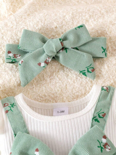 Ditsy bloemenjumpsuit voor babymeisjes met strikdecor en hoofdband, lente herfst