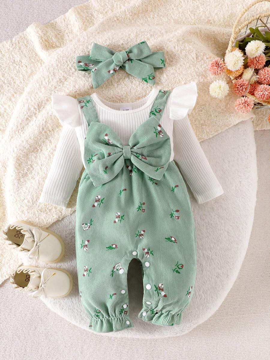 Ditsy bloemenjumpsuit voor babymeisjes met strikdecor en hoofdband, lente herfst