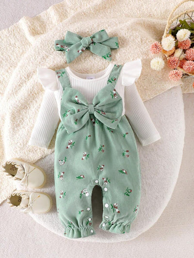 Ditsy bloemenjumpsuit voor babymeisjes met strikdecor en hoofdband, lente herfst