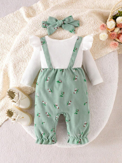 Ditsy bloemenjumpsuit voor babymeisjes met strikdecor en hoofdband, lente herfst