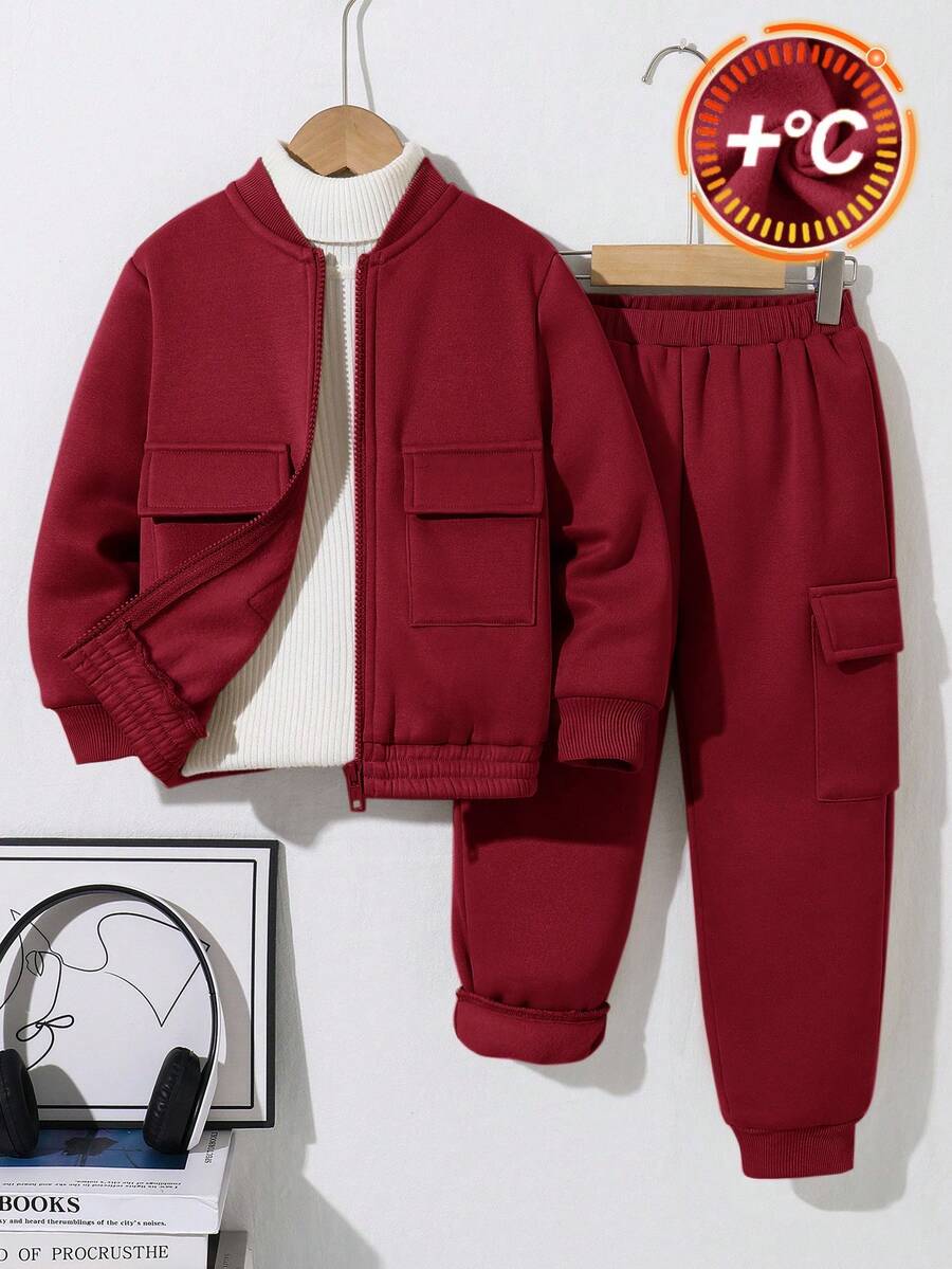 SHEIN 2 stuks jonge jongens casual sport streep zak lange mouw honkbalkraag rits jas en effen kleur trekkoord broek gebreide 2 stuks outfit, geschikt voor school, tuin, strand, verjaardag, lente, zomer, herfst, winter