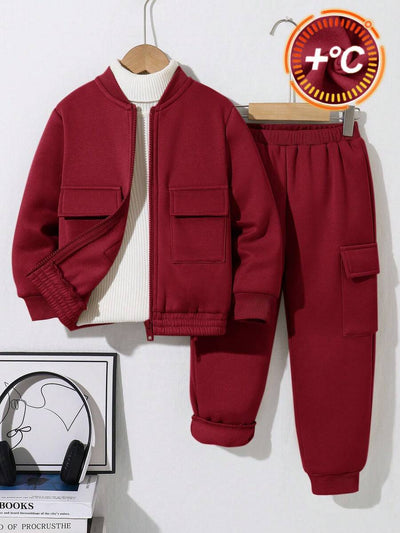 SHEIN 2 stuks jonge jongens casual sport streep zak lange mouw honkbalkraag rits jas en effen kleur trekkoord broek gebreide 2 stuks outfit, geschikt voor school, tuin, strand, verjaardag, lente, zomer, herfst, winter