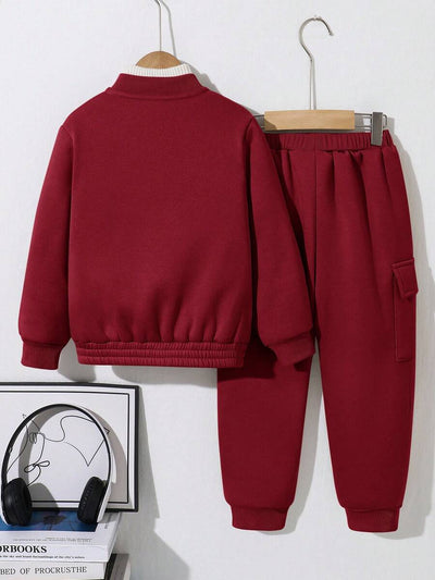 SHEIN 2 stuks jonge jongens casual sport streep zak lange mouw honkbalkraag rits jas en effen kleur trekkoord broek gebreide 2 stuks outfit, geschikt voor school, tuin, strand, verjaardag, lente, zomer, herfst, winter