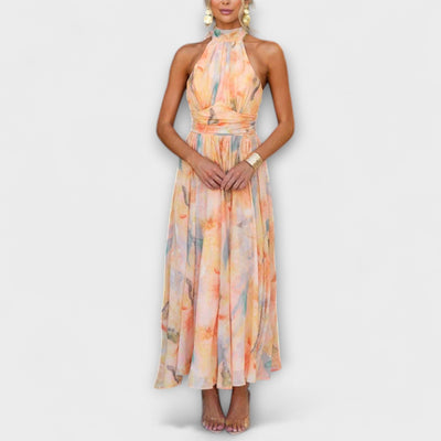 Halter-Neck Watercolor Backless Maxi Dress