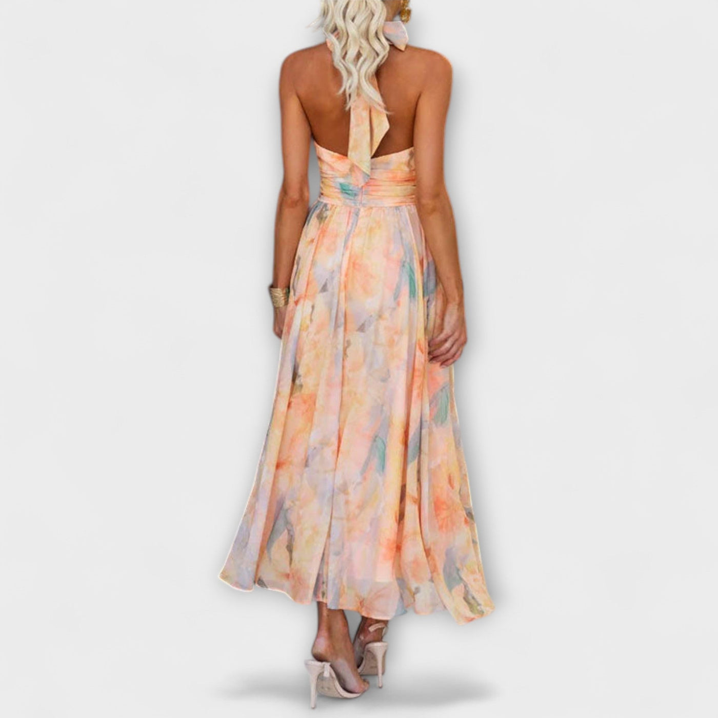 Halter-Neck Watercolor Backless Maxi Dress