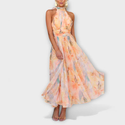 Halter-Neck Watercolor Backless Maxi Dress