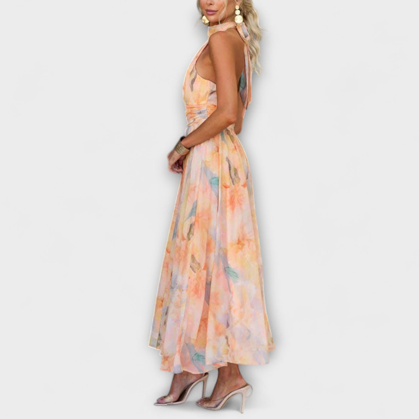 Halter-Neck Watercolor Backless Maxi Dress